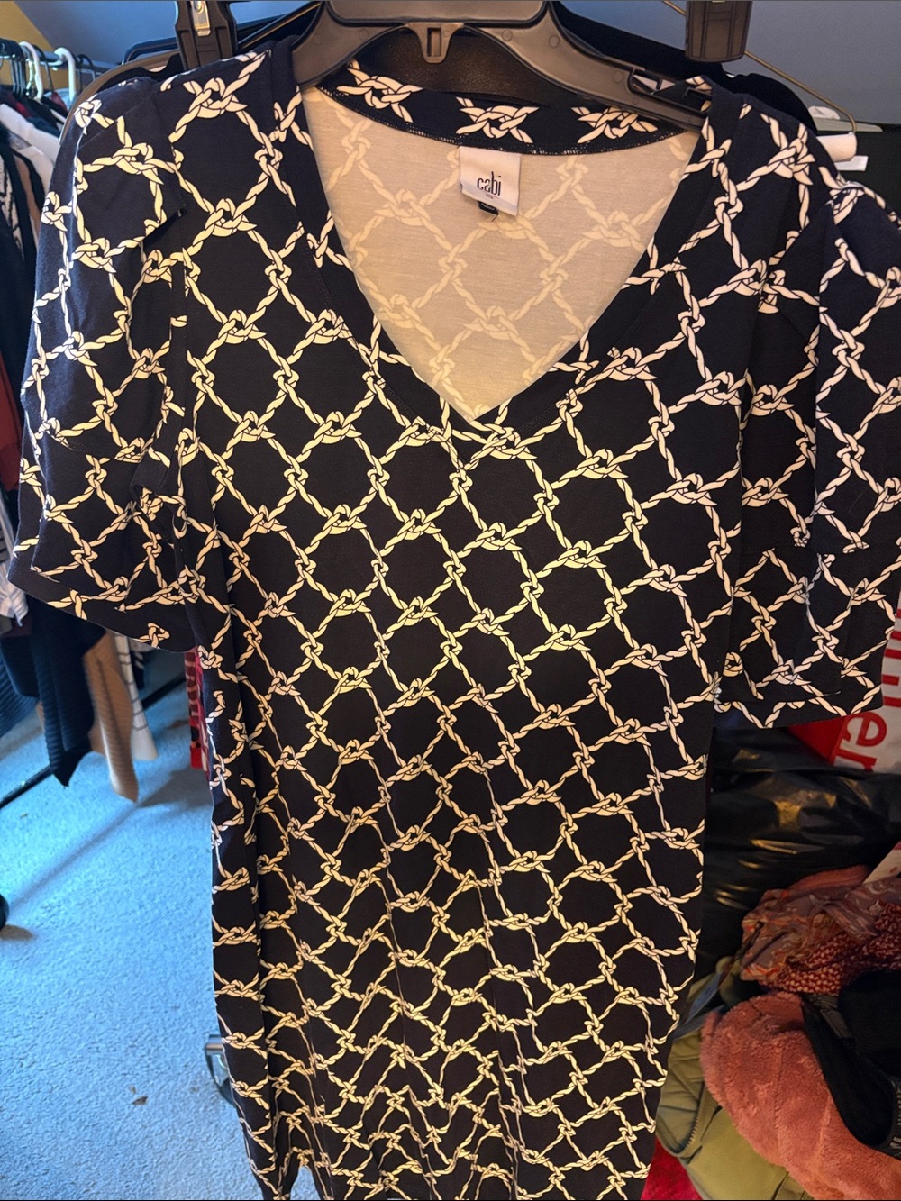 CAbi Black and White Rope-Print V-Neck dress. Navy.